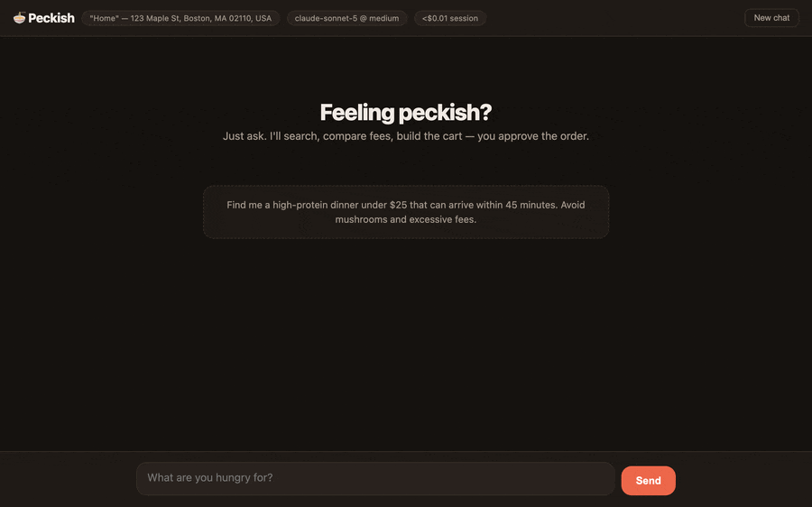 Peckish finding a dinner under $25: tool calls run, a recommendation streams in with the fee-included total, and an order-confirmation dialog asks the user to approve before anything is placed.